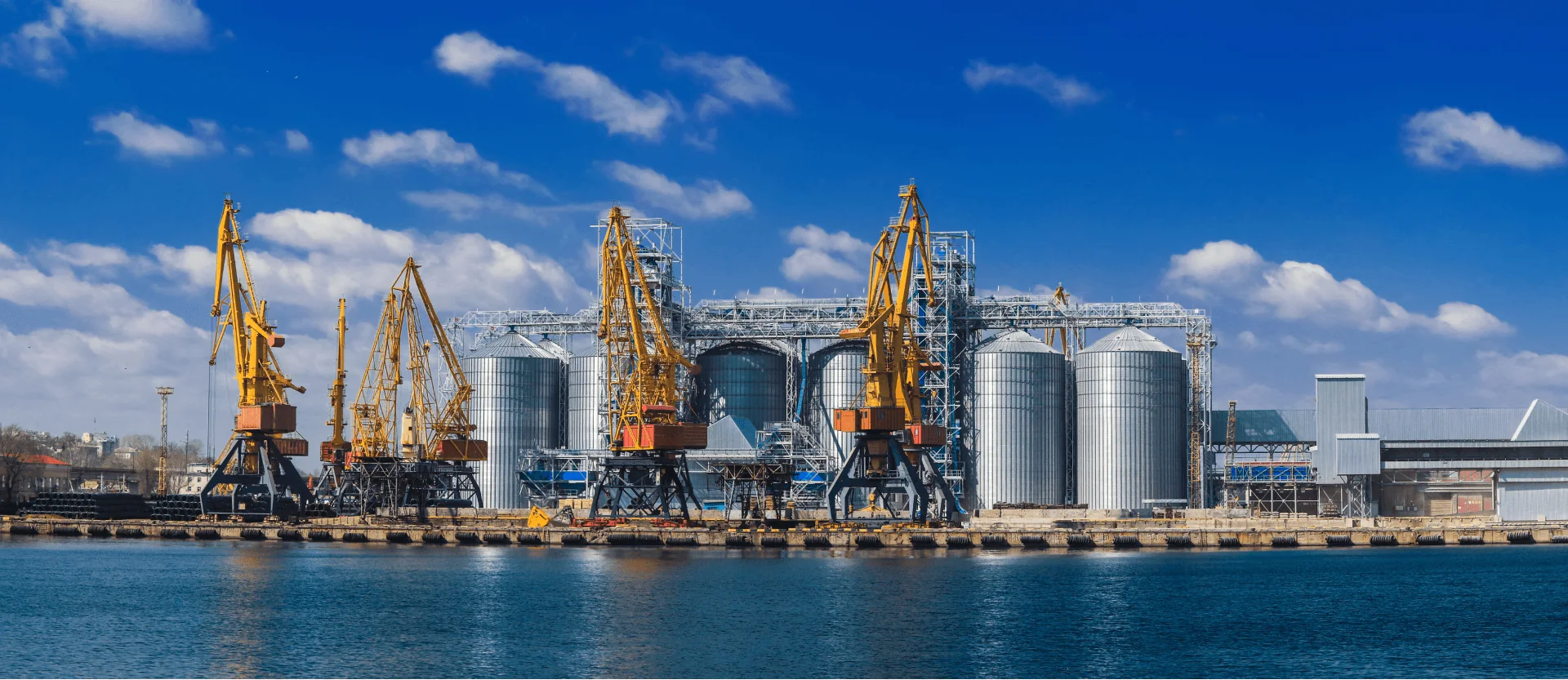 Port terminal with cranes and grain silos